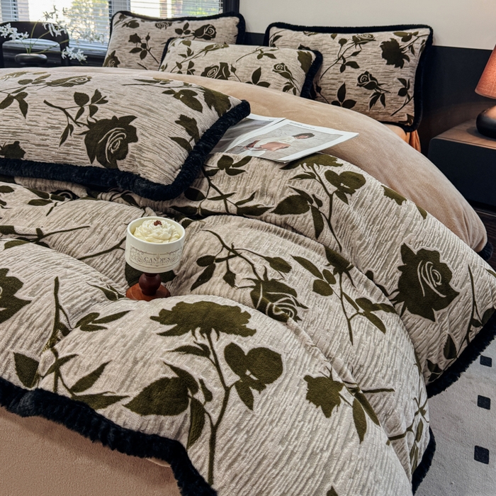 诺梵家纺 2025新款兔毛绒包边 雕花绒四件套 花魅-咖