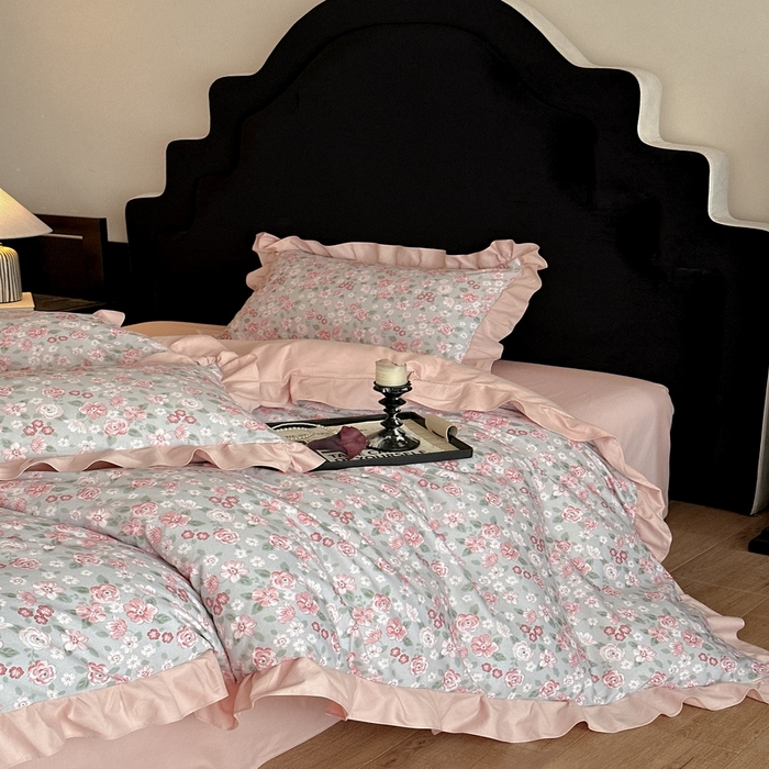 91家纺网 家纺一手货源 找家纺 （总）慕晨 2025新款秋冬全棉纯棉加厚磨毛法式花边数码印简奢高级公主风四件套直播热卖