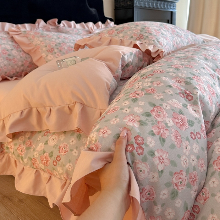 91家纺网 家纺一手货源 找家纺 （总）慕晨 2025新款秋冬全棉纯棉加厚磨毛法式花边数码印简奢高级公主风四件套直播热卖