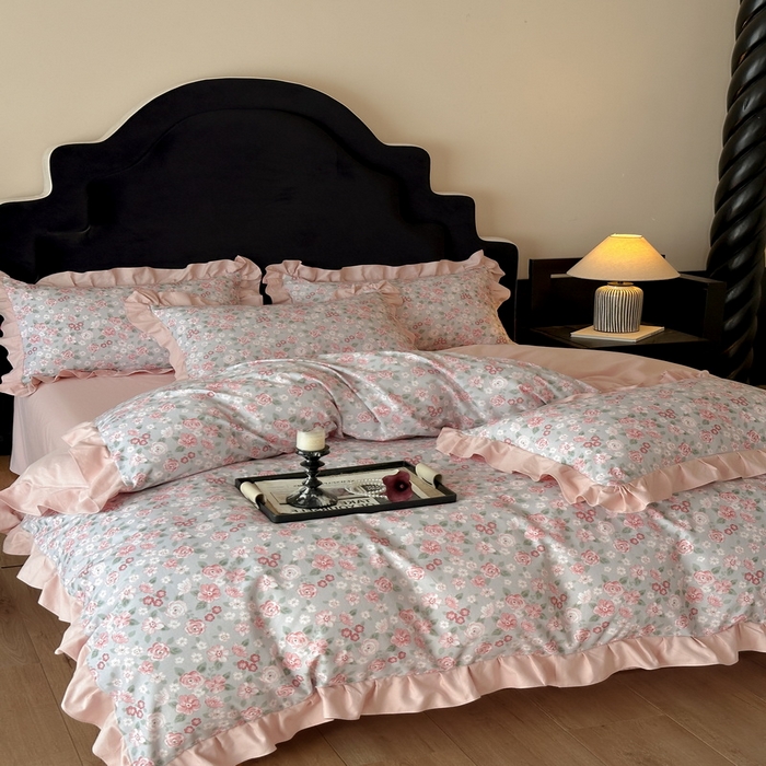 91家纺网 家纺一手货源 找家纺 （总）慕晨 2025新款秋冬全棉纯棉加厚磨毛法式花边数码印简奢高级公主风四件套直播热卖