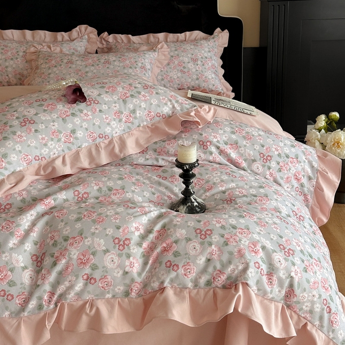 91家纺网 家纺一手货源 找家纺 慕晨 2025新款秋冬全棉纯棉加厚磨毛法式花边数码印简奢高级公主风四件套直播热卖 艾莉