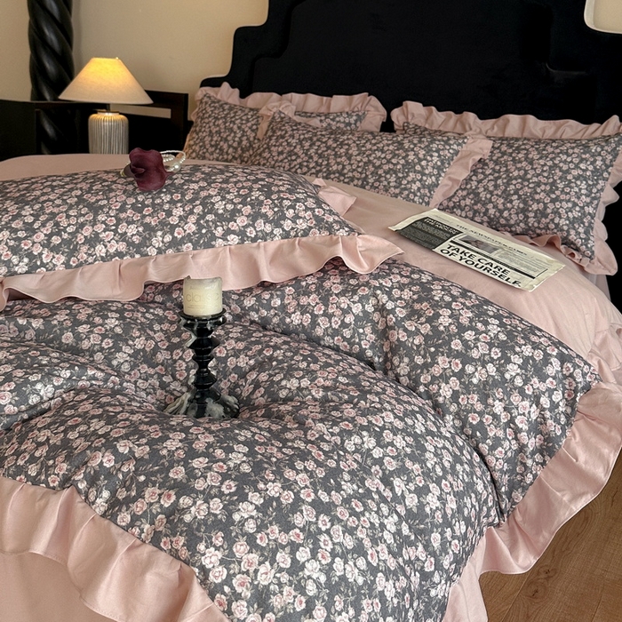 91家纺网 家纺一手货源 找家纺 慕晨 2025新款秋冬全棉纯棉加厚磨毛法式花边数码印简奢高级公主风四件套直播热卖 浪漫人生 粉