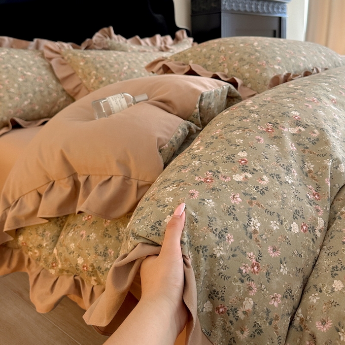 91家纺网 家纺一手货源 找家纺 慕晨 2025新款秋冬全棉纯棉加厚磨毛法式花边数码印简奢高级公主风四件套直播热卖 茵然