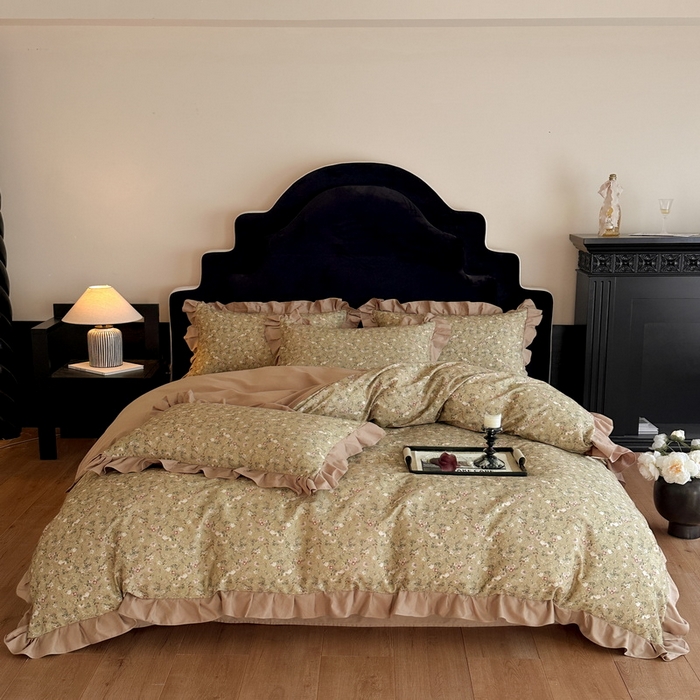 91家纺网 家纺一手货源 找家纺 慕晨 2025新款秋冬全棉纯棉加厚磨毛法式花边数码印简奢高级公主风四件套直播热卖 茵然