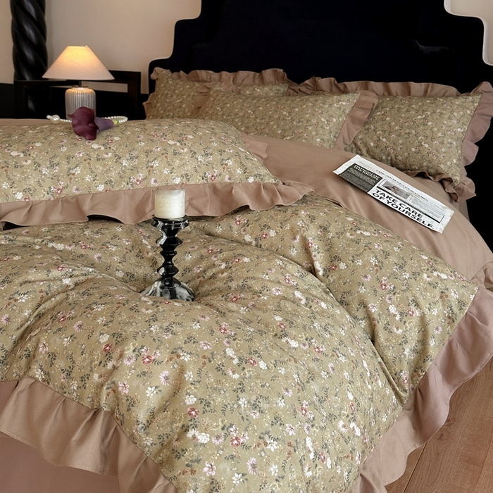 91家纺网 家纺一手货源 找家纺 慕晨 2025新款秋冬全棉纯棉加厚磨毛法式花边数码印简奢高级公主风四件套直播热卖 茵然