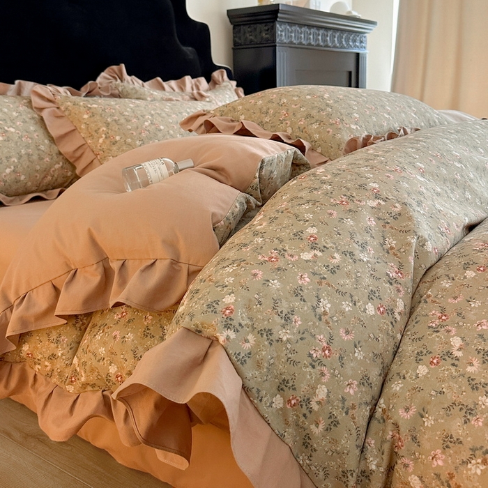 91家纺网 家纺一手货源 找家纺 慕晨 2025新款秋冬全棉纯棉加厚磨毛法式花边数码印简奢高级公主风四件套直播热卖 茵然