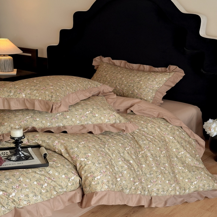 91家纺网 家纺一手货源 找家纺 慕晨 2025新款秋冬全棉纯棉加厚磨毛法式花边数码印简奢高级公主风四件套直播热卖 茵然