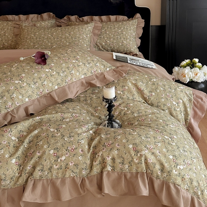 91家纺网 家纺一手货源 找家纺 慕晨 2025新款秋冬全棉纯棉加厚磨毛法式花边数码印简奢高级公主风四件套直播热卖 茵然