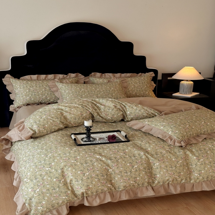 91家纺网 家纺一手货源 找家纺 慕晨 2025新款秋冬全棉纯棉加厚磨毛法式花边数码印简奢高级公主风四件套直播热卖 茵然