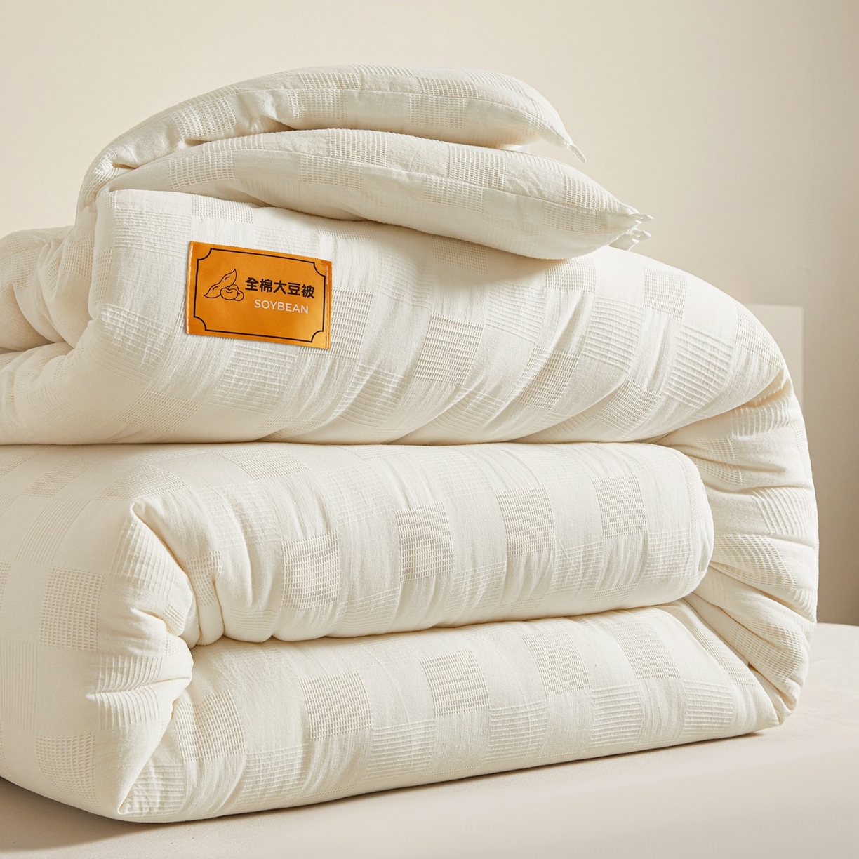91家纺网 家纺一手货源 找家纺 初相识 2025新款全棉提花大豆被30%大豆纤维被华夫格纯棉被子被芯加厚冬被春秋被夏被 全棉提花素雅白