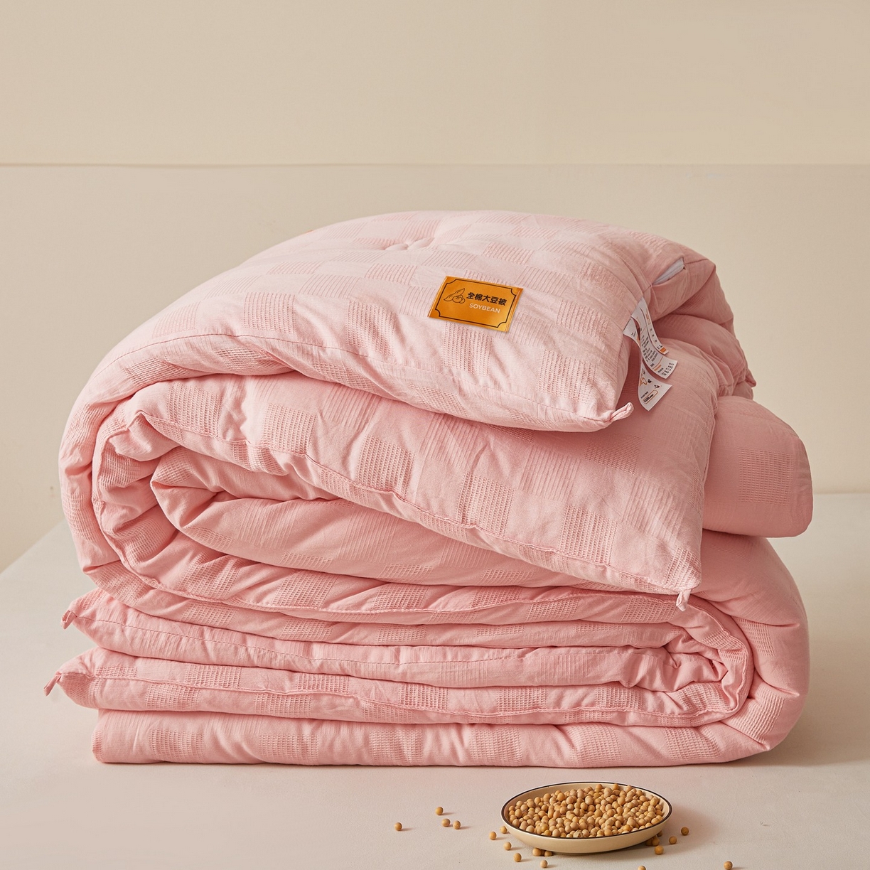 初相识 2025新款全棉提花大豆被30%大豆纤维被华夫格纯棉被子被芯加厚冬被春秋被夏被 全棉提花贵妃粉