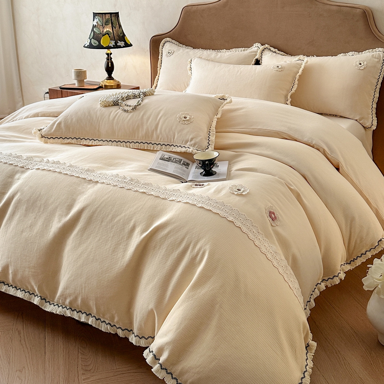 91家纺网 家纺一手货源 找家纺 （总）慕晨 2025新款小提花全棉磨毛四件套小清新花边公主风小碎花浪漫小红书直播热款