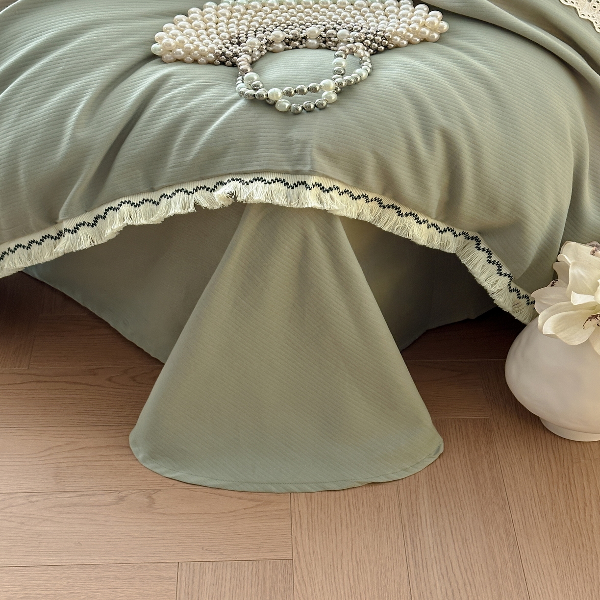 91家纺网 家纺一手货源 找家纺 慕晨 2025新款小提花全棉磨毛四件套小清新花边公主风小碎花浪漫小红书直播热款 薇尔-绿