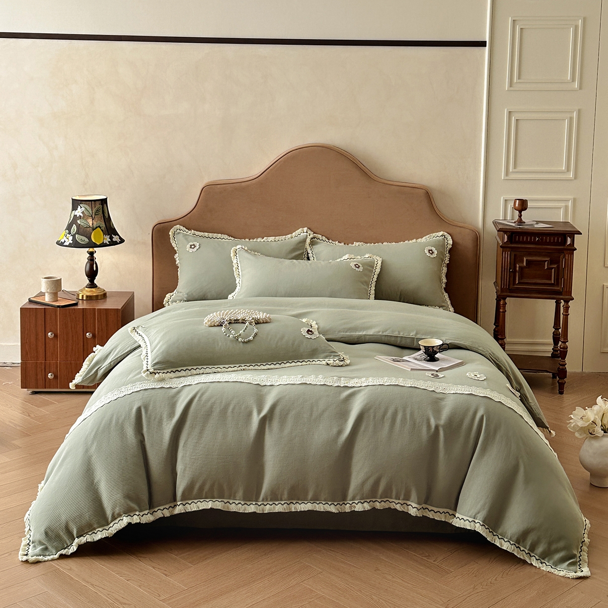 91家纺网 家纺一手货源 找家纺 慕晨 2025新款小提花全棉磨毛四件套小清新花边公主风小碎花浪漫小红书直播热款 薇尔-绿