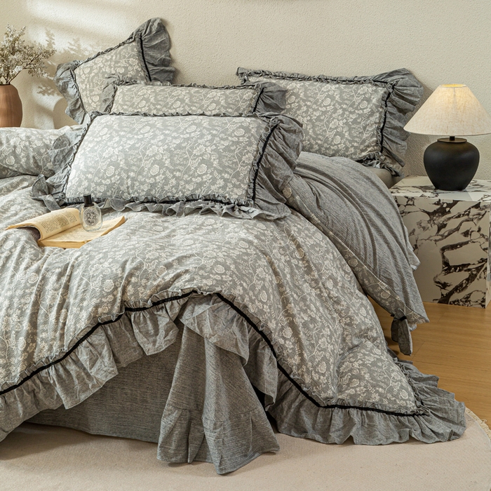 91家纺网 家纺一手货源 找家纺 大麦家纺 2025新款水洗亚麻花边四件套 海棠花溪