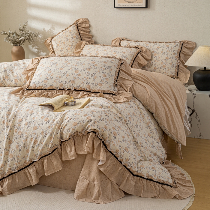 91家纺网 家纺一手货源 找家纺 大麦家纺 2025新款水洗亚麻花边四件套 满园花开