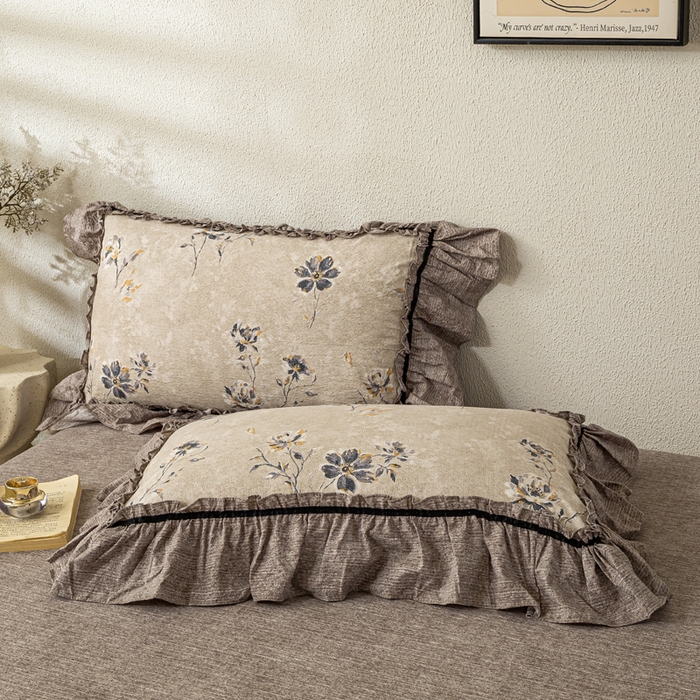 91家纺网 家纺一手货源 找家纺 大麦家纺 2025新款水洗亚麻花边四件套 浮生花语