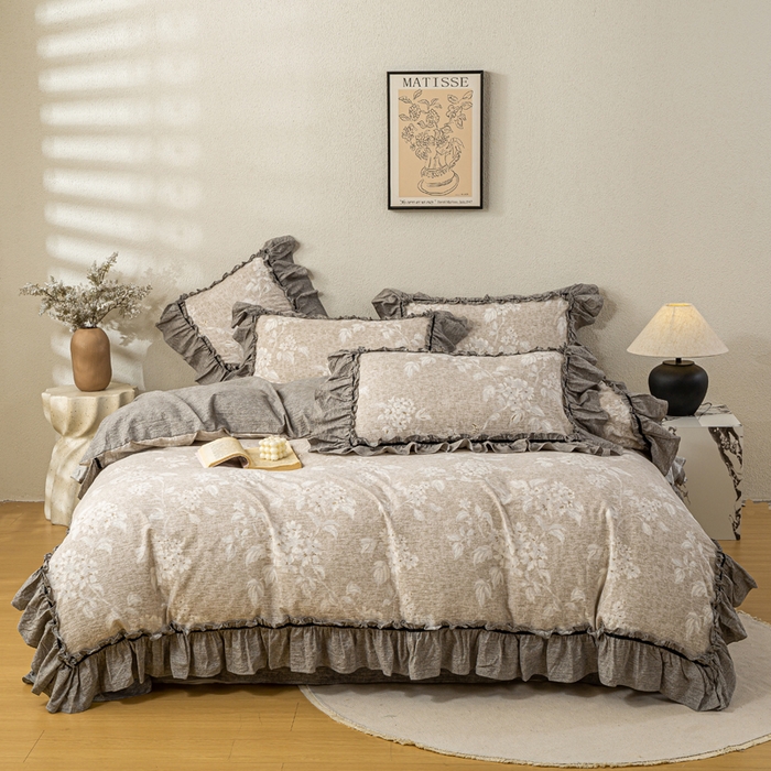 91家纺网 家纺一手货源 找家纺 大麦家纺 2025新款水洗亚麻花边四件套 玉茗