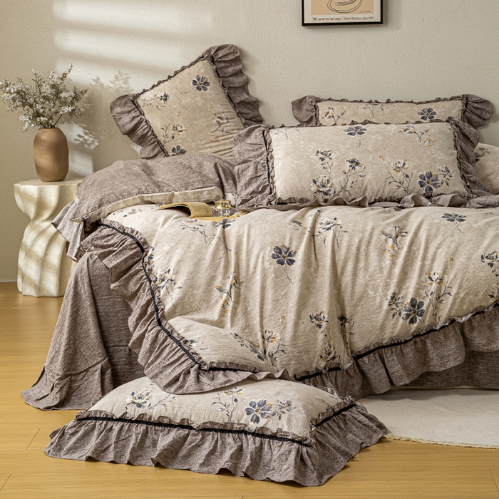 91家纺网 家纺一手货源 找家纺 大麦家纺 2025新款水洗亚麻花边四件套 浮生花语