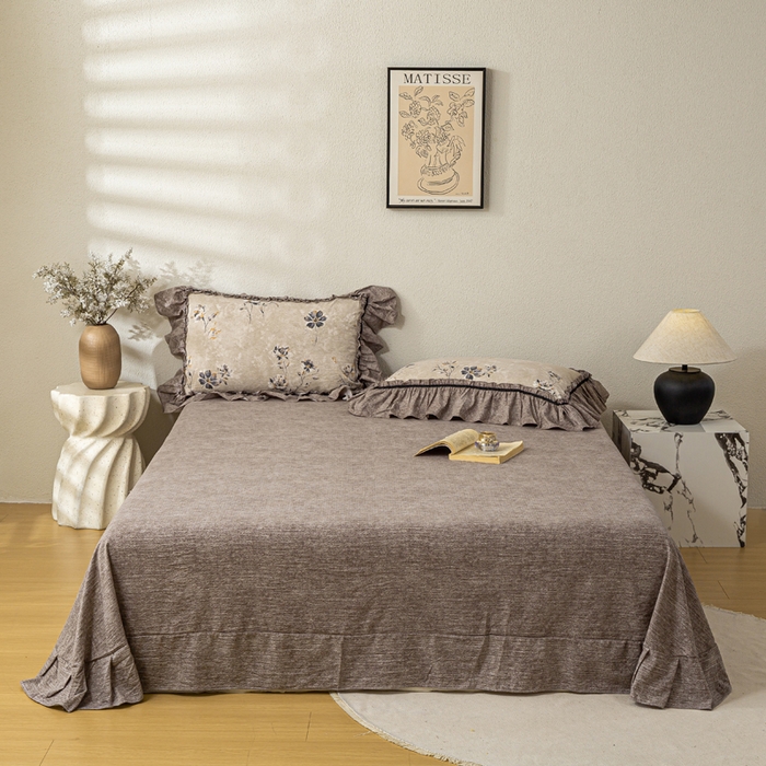 91家纺网 家纺一手货源 找家纺 大麦家纺 2025新款水洗亚麻花边四件套 浮生花语