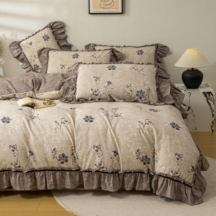 91家纺网 家纺一手货源 找家纺 大麦家纺 2025新款水洗亚麻花边四件套 浮生花语