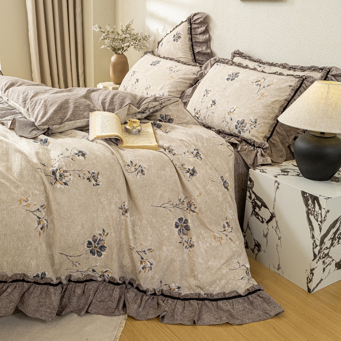 91家纺网 家纺一手货源 找家纺 大麦家纺 2025新款水洗亚麻花边四件套 浮生花语