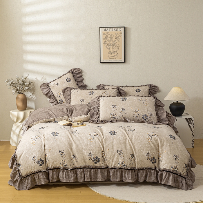 91家纺网 家纺一手货源 找家纺 大麦家纺 2025新款水洗亚麻花边四件套 浮生花语