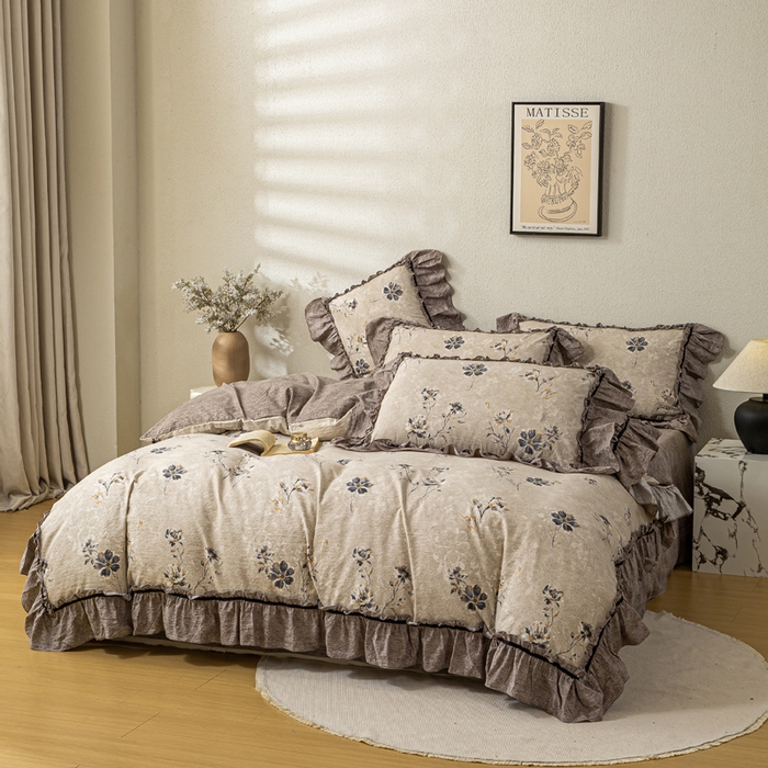 91家纺网 家纺一手货源 找家纺 大麦家纺 2025新款水洗亚麻花边四件套 浮生花语