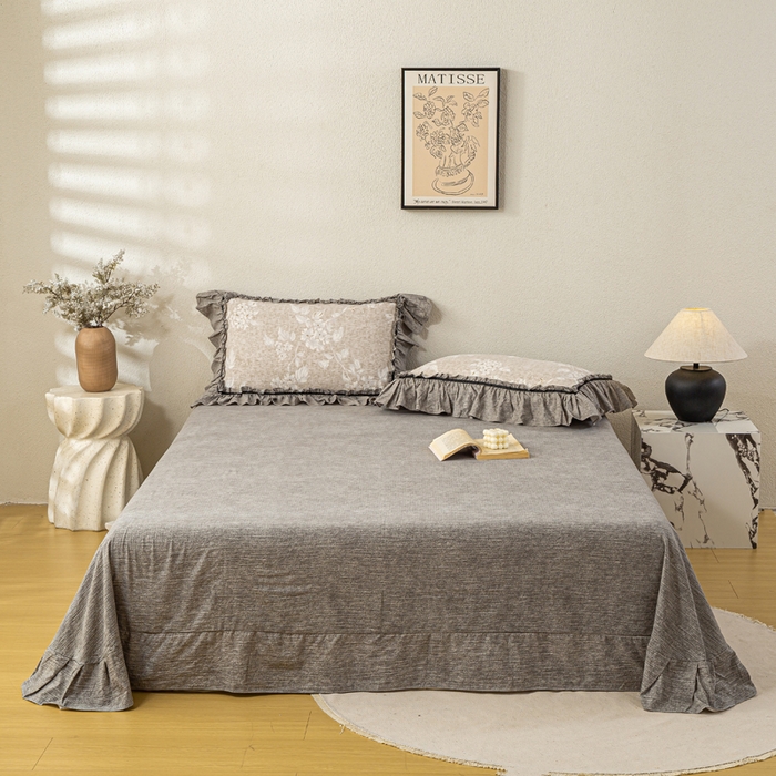 91家纺网 家纺一手货源 找家纺 大麦家纺 2025新款水洗亚麻花边四件套 玉茗