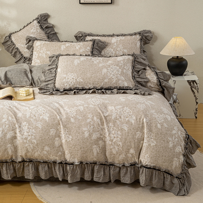 91家纺网 家纺一手货源 找家纺 大麦家纺 2025新款水洗亚麻花边四件套 玉茗