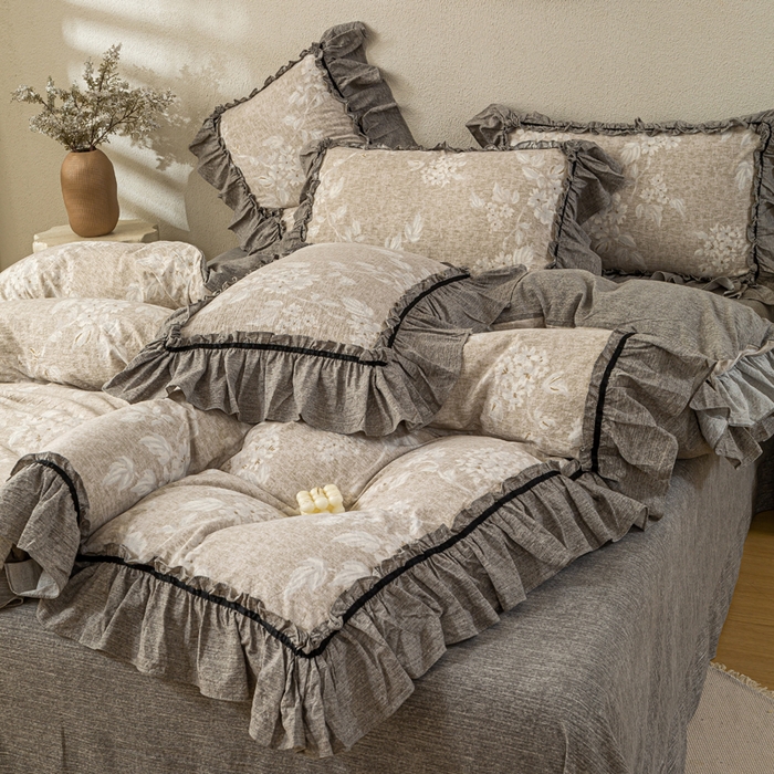 91家纺网 家纺一手货源 找家纺 大麦家纺 2025新款水洗亚麻花边四件套 玉茗