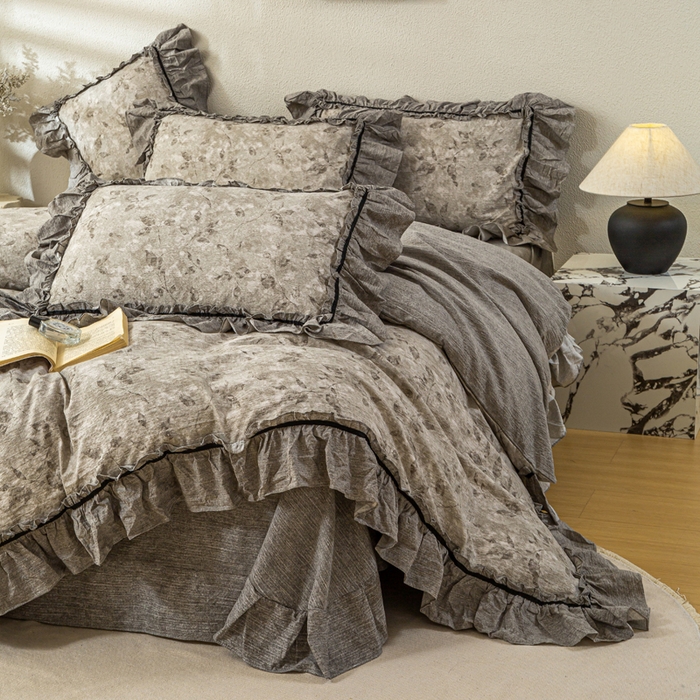 大麦家纺 2025新款水洗亚麻花边四件套 颂青时