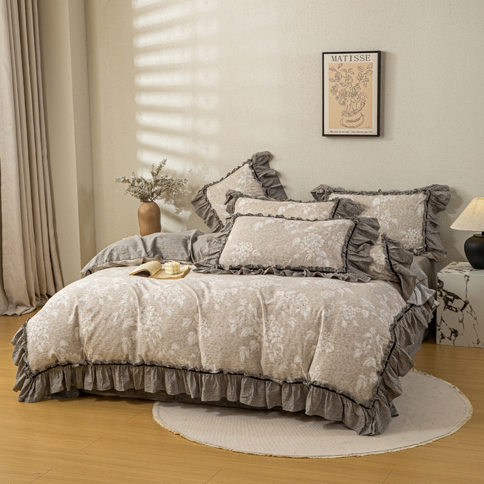 91家纺网 家纺一手货源 找家纺 大麦家纺 2025新款水洗亚麻花边四件套 玉茗