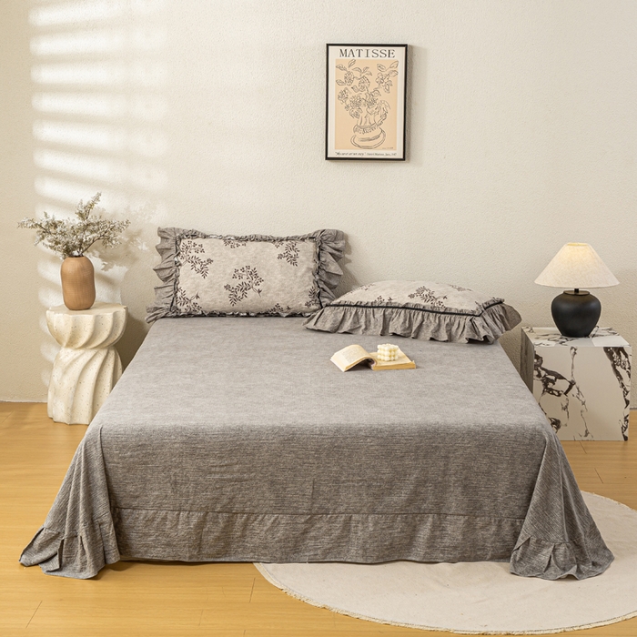 91家纺网 家纺一手货源 找家纺 大麦家纺 2025新款水洗亚麻花边四件套 风木槿咖