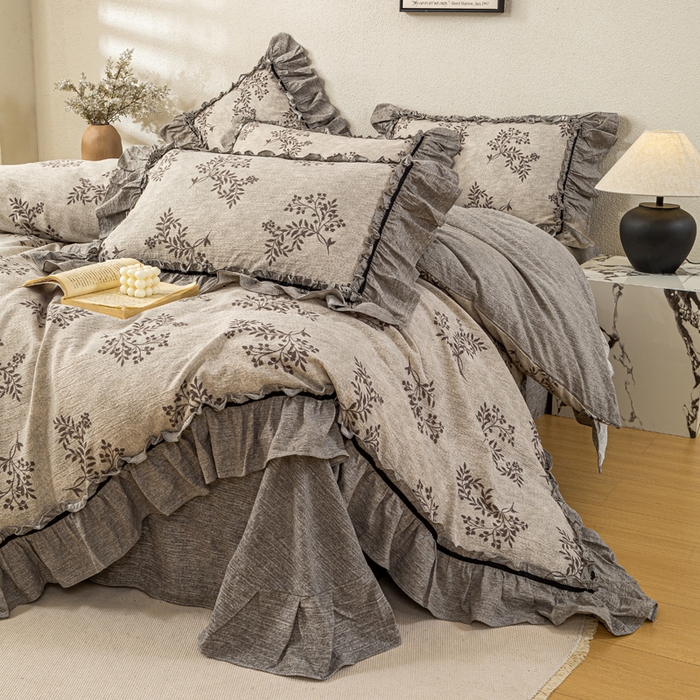 大麦家纺 2025新款水洗亚麻花边四件套 风木槿咖