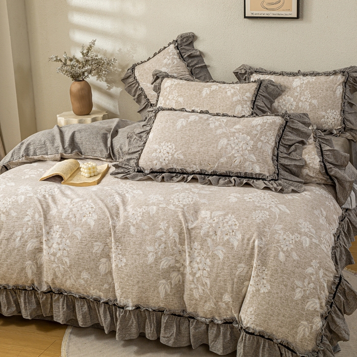 91家纺网 家纺一手货源 找家纺 大麦家纺 2025新款水洗亚麻花边四件套 玉茗