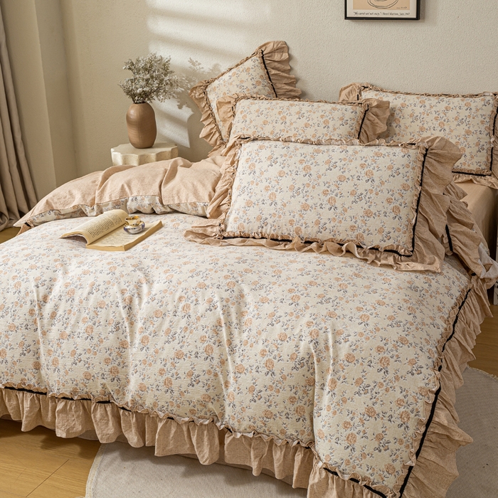 91家纺网 家纺一手货源 找家纺 大麦家纺 2025新款水洗亚麻花边四件套 满园花开