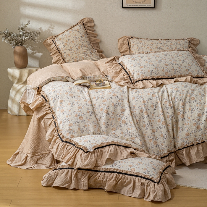 91家纺网 家纺一手货源 找家纺 大麦家纺 2025新款水洗亚麻花边四件套 满园花开