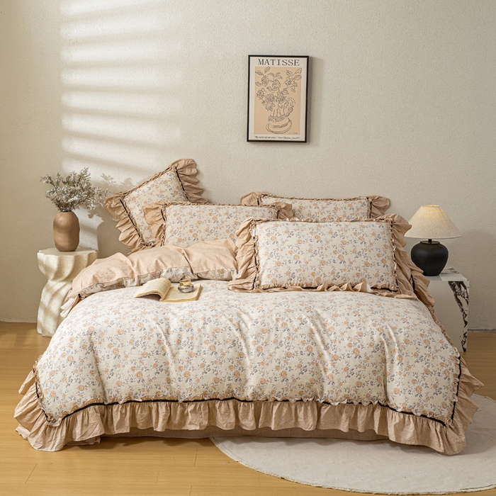 91家纺网 家纺一手货源 找家纺 大麦家纺 2025新款水洗亚麻花边四件套 满园花开