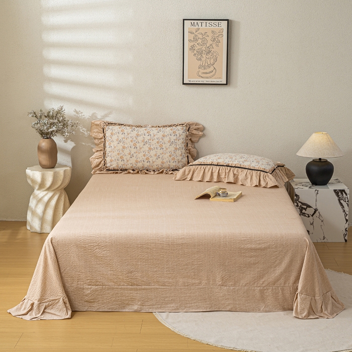 91家纺网 家纺一手货源 找家纺 大麦家纺 2025新款水洗亚麻花边四件套 满园花开