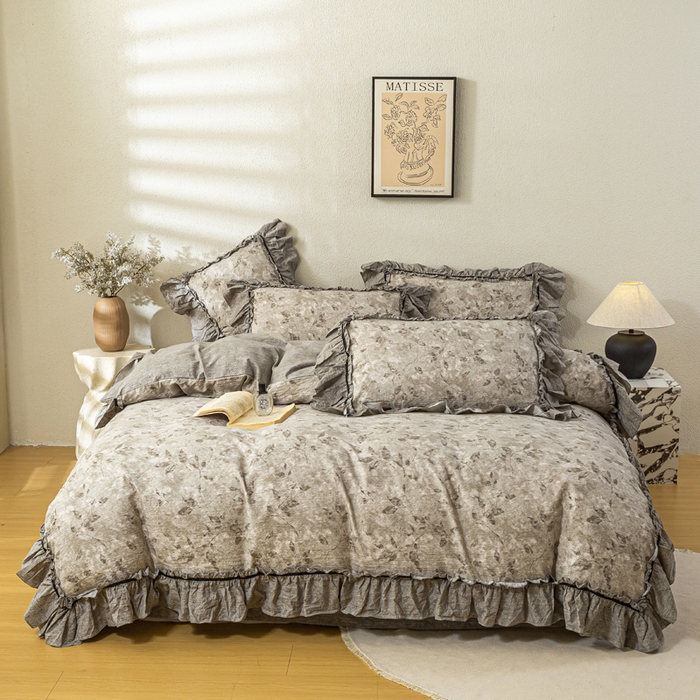 91家纺网 家纺一手货源 找家纺 大麦家纺 2025新款水洗亚麻花边四件套 颂青时