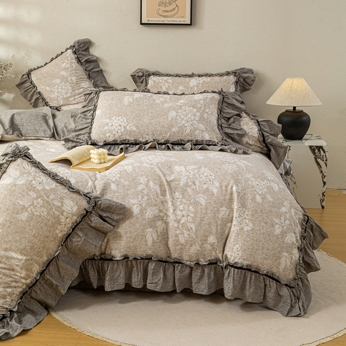 91家纺网 家纺一手货源 找家纺 大麦家纺 2025新款水洗亚麻花边四件套 玉茗