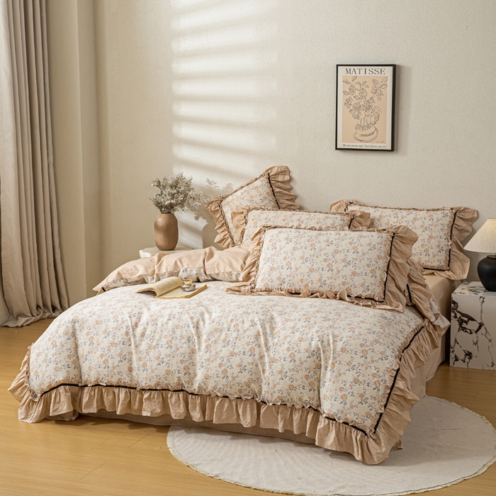 91家纺网 家纺一手货源 找家纺 大麦家纺 2025新款水洗亚麻花边四件套 满园花开