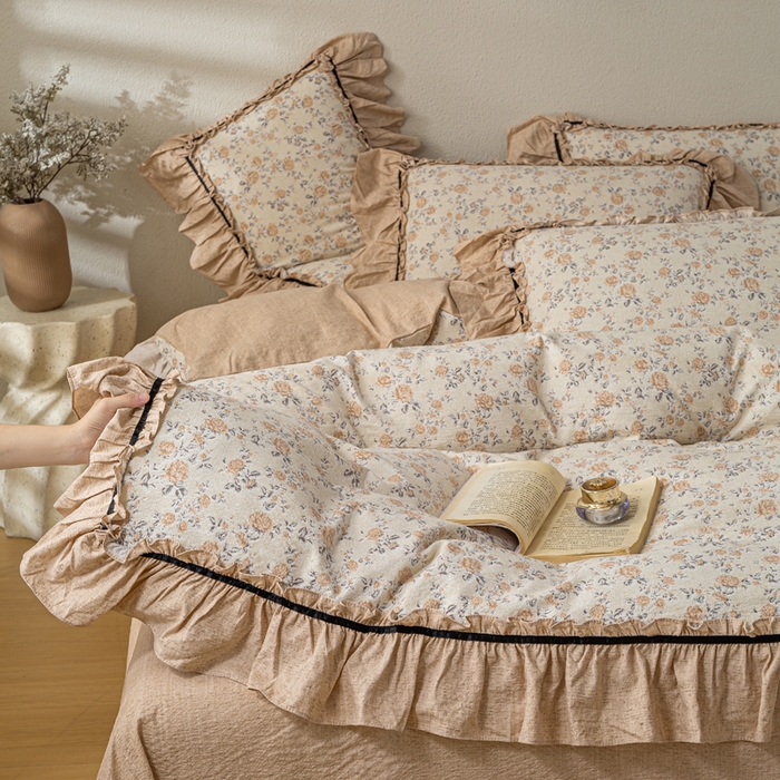 91家纺网 家纺一手货源 找家纺 大麦家纺 2025新款水洗亚麻花边四件套 满园花开