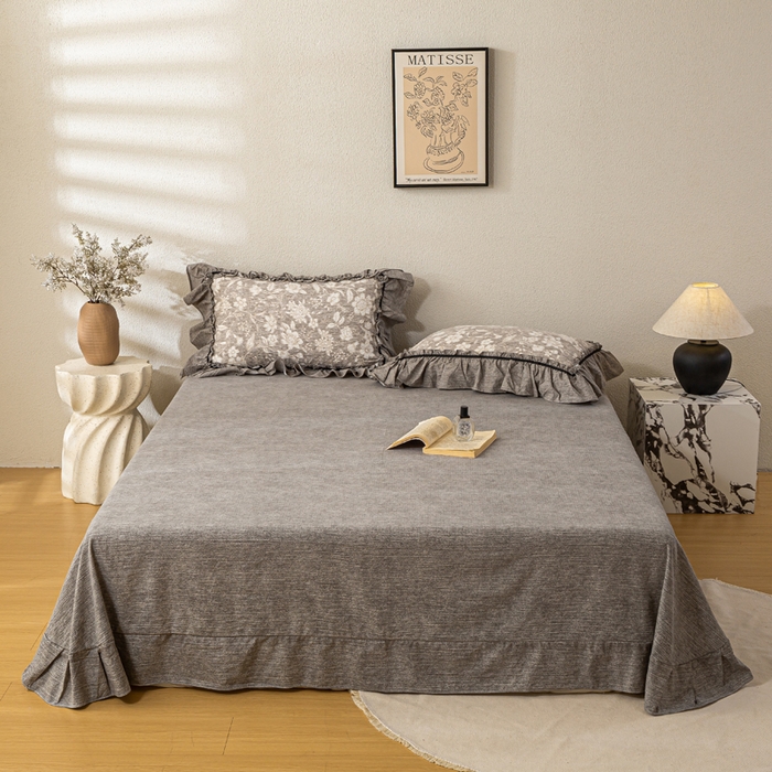 91家纺网 家纺一手货源 找家纺 大麦家纺 2025新款水洗亚麻花边四件套 山花浪漫