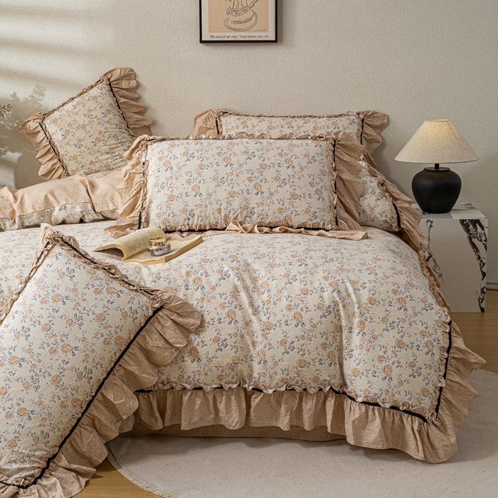 91家纺网 家纺一手货源 找家纺 大麦家纺 2025新款水洗亚麻花边四件套 满园花开