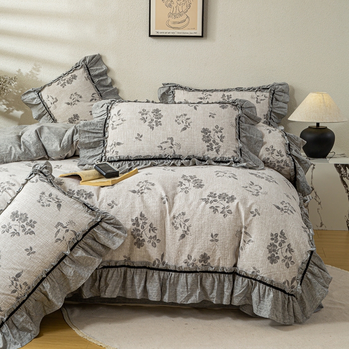 91家纺网 家纺一手货源 找家纺 大麦家纺 2025新款水洗亚麻花边四件套 香榭花园