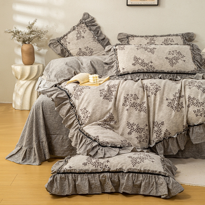 91家纺网 家纺一手货源 找家纺 大麦家纺 2025新款水洗亚麻花边四件套 风木槿咖