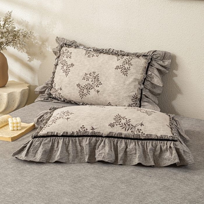 91家纺网 家纺一手货源 找家纺 大麦家纺 2025新款水洗亚麻花边四件套 风木槿咖