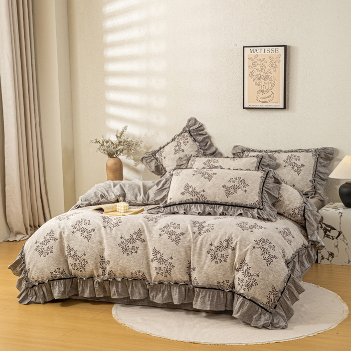 91家纺网 家纺一手货源 找家纺 大麦家纺 2025新款水洗亚麻花边四件套 风木槿咖